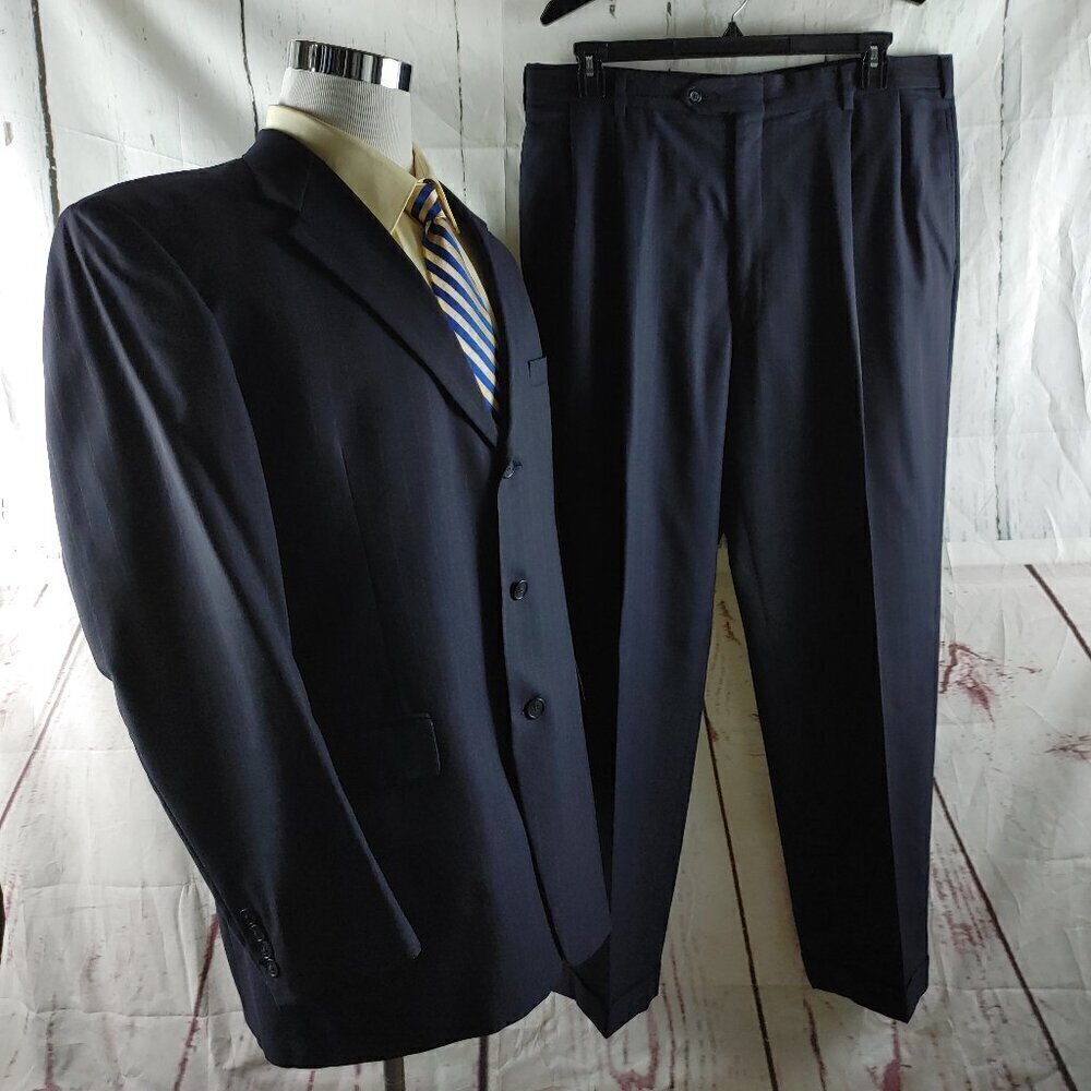 Hart Schaffner Marx Gold Trumpeter 41L Wool Deep Blue Striped 2pc Suit 38x31 Plt